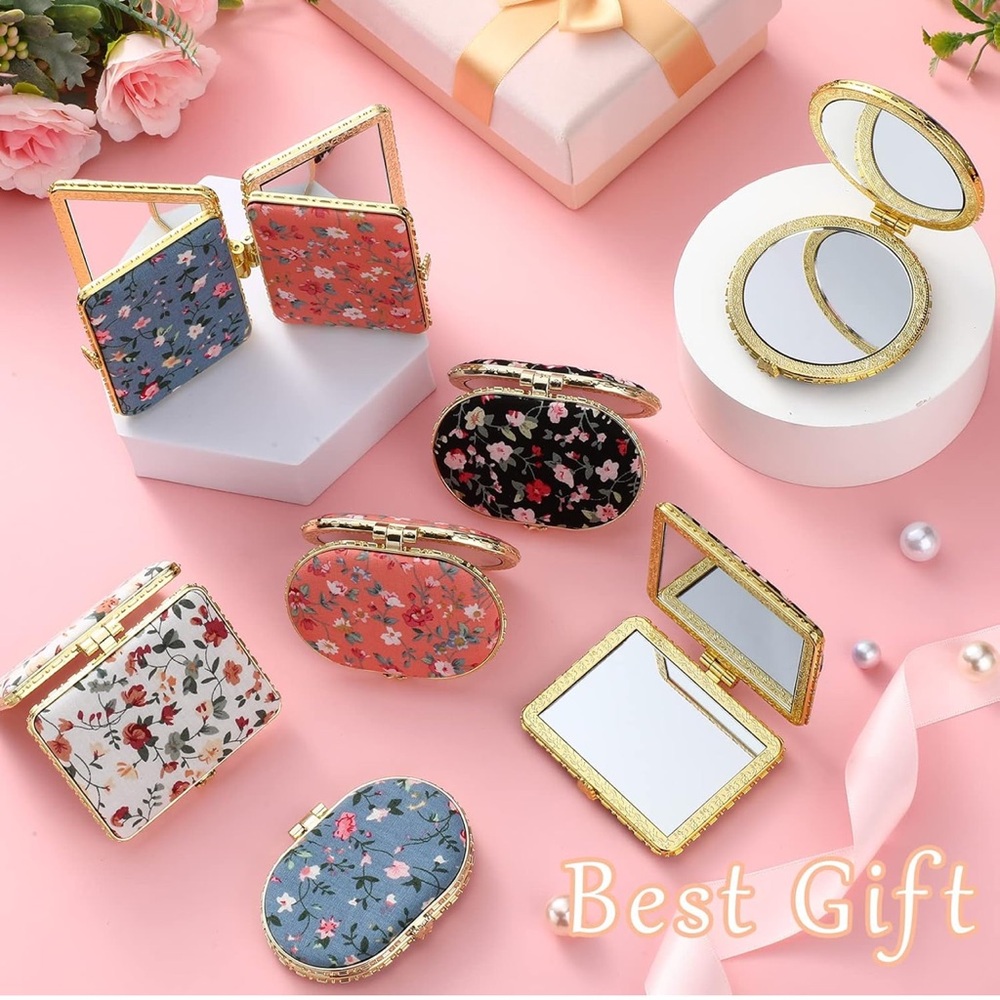 NEW Floral pocket compact mirror, OVAL, black - Picture 3 of 13